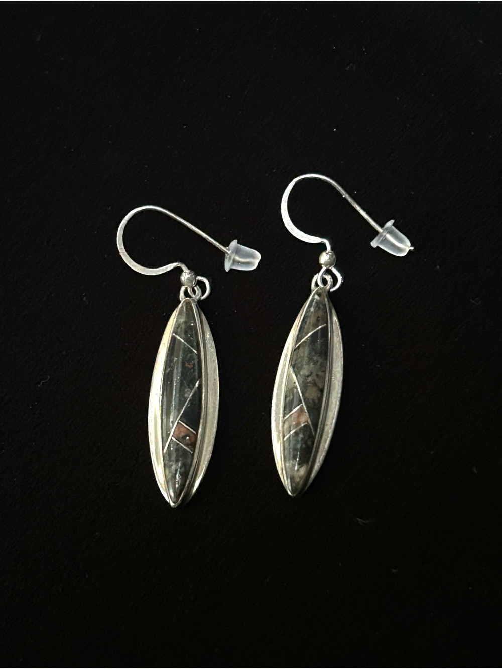 Sterling Silver Green Jasper Marquise Inlay Drop Earrings